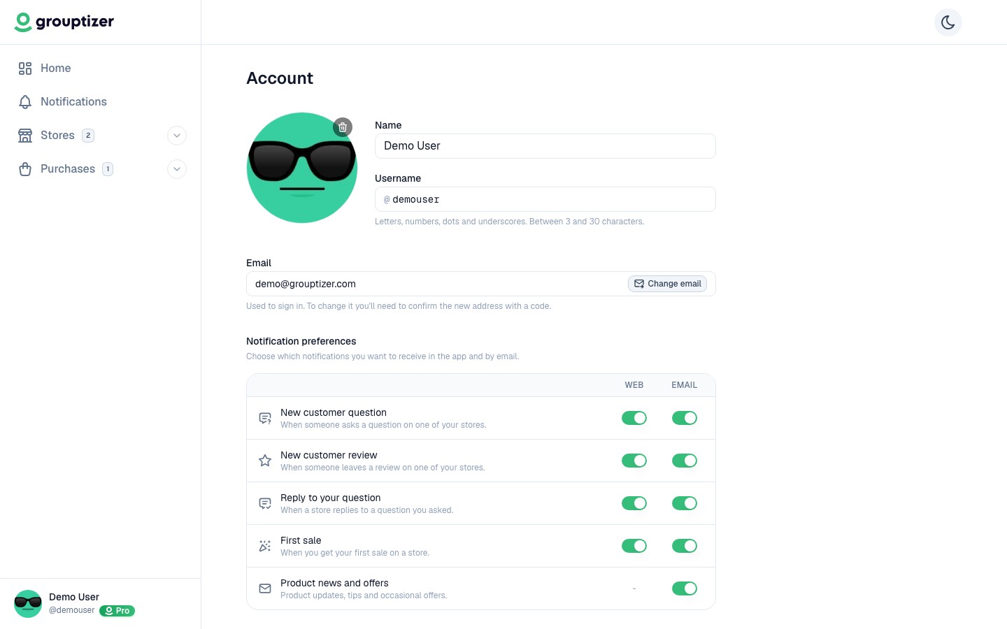 Account screen