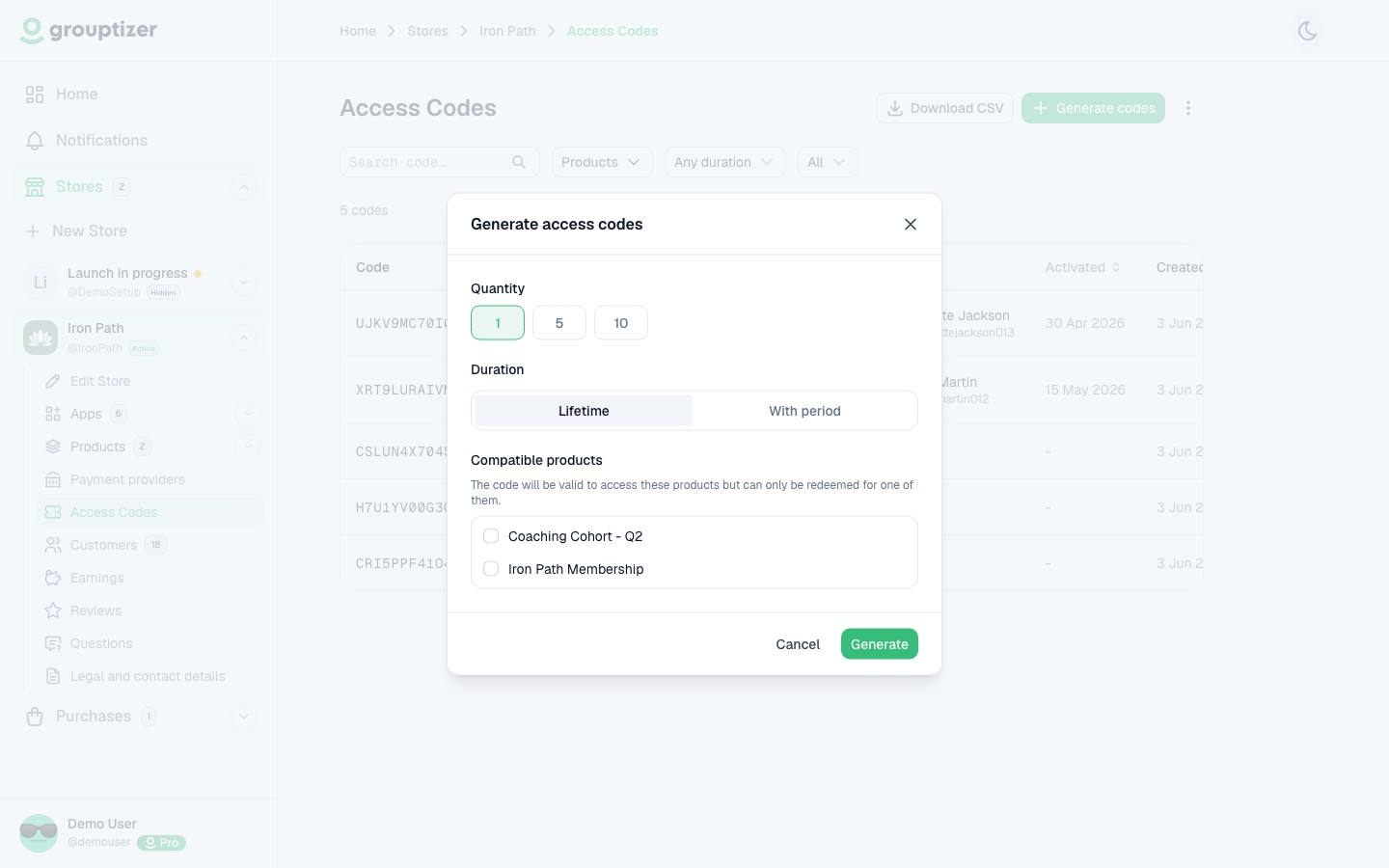 Generate codes screen