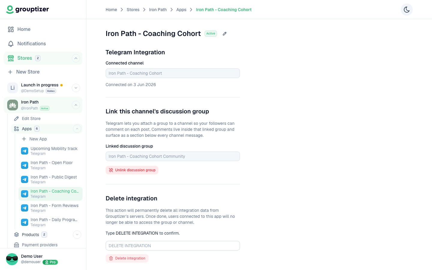 Verified integration with a channel and linked discussion group