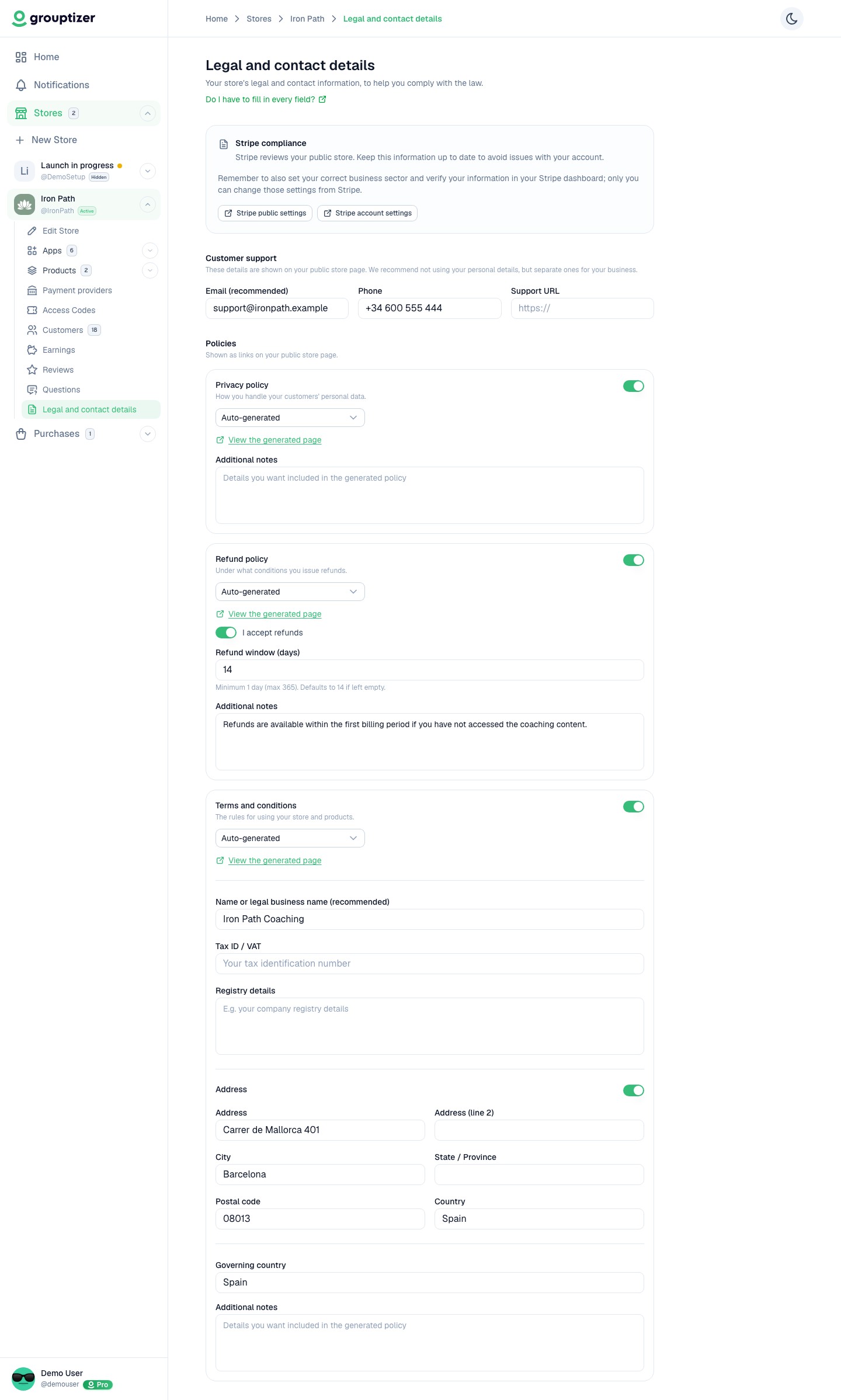 Legal and contact details screen