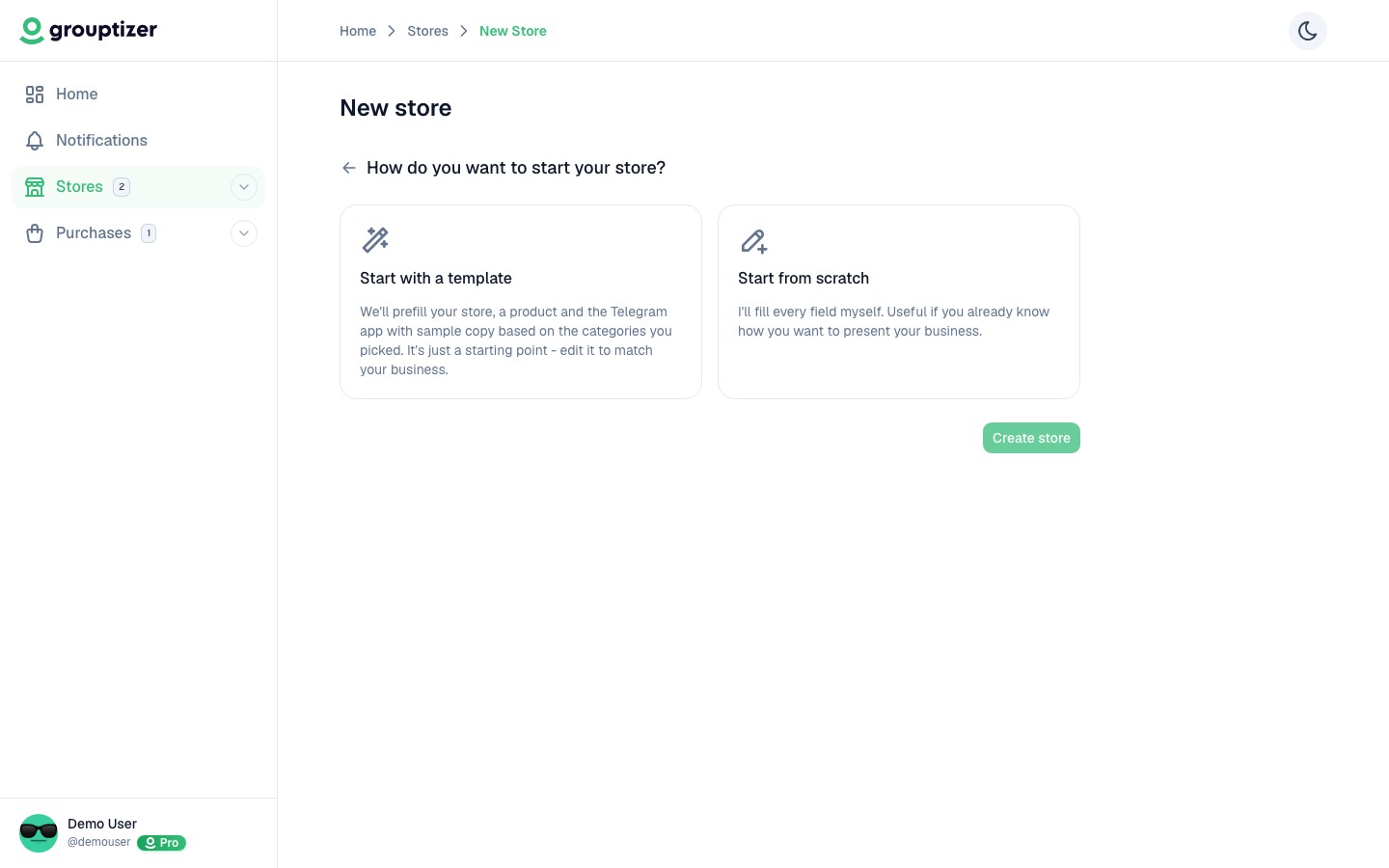 Create store wizard — step 2 (templates)