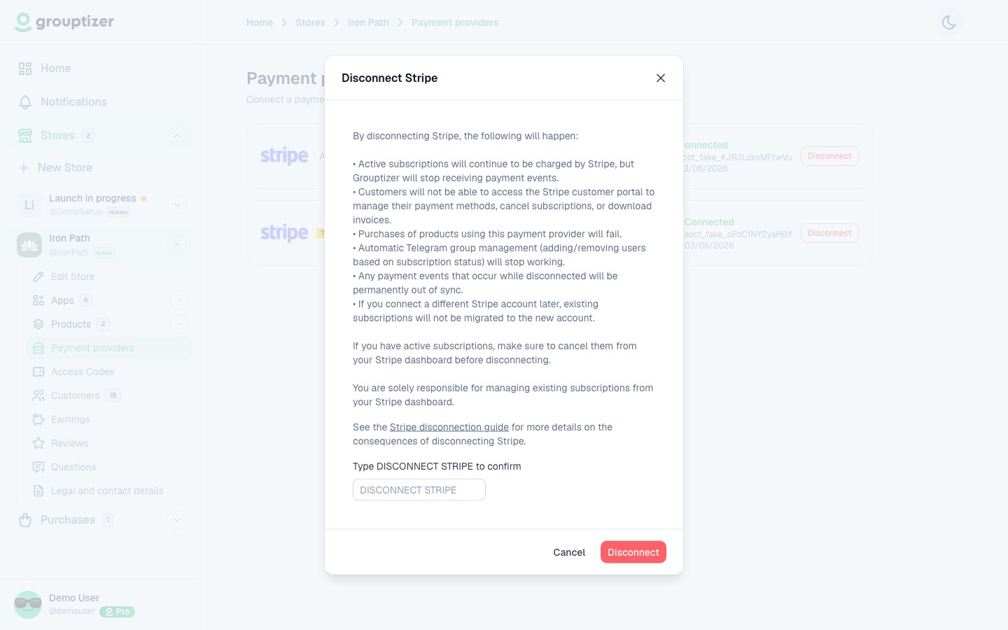 Disconnect Stripe confirmation modal