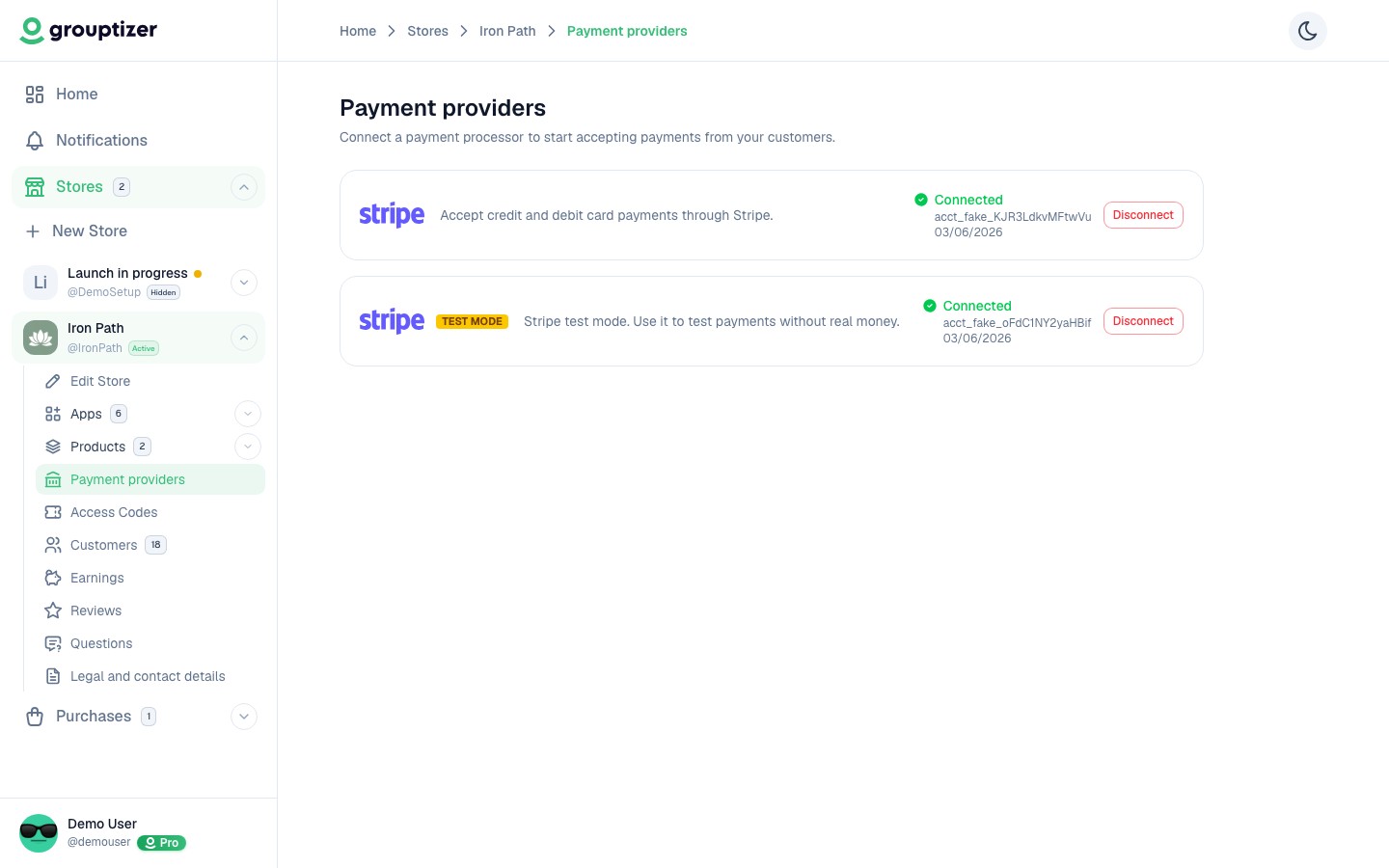 Payment providers screen — Stripe connected