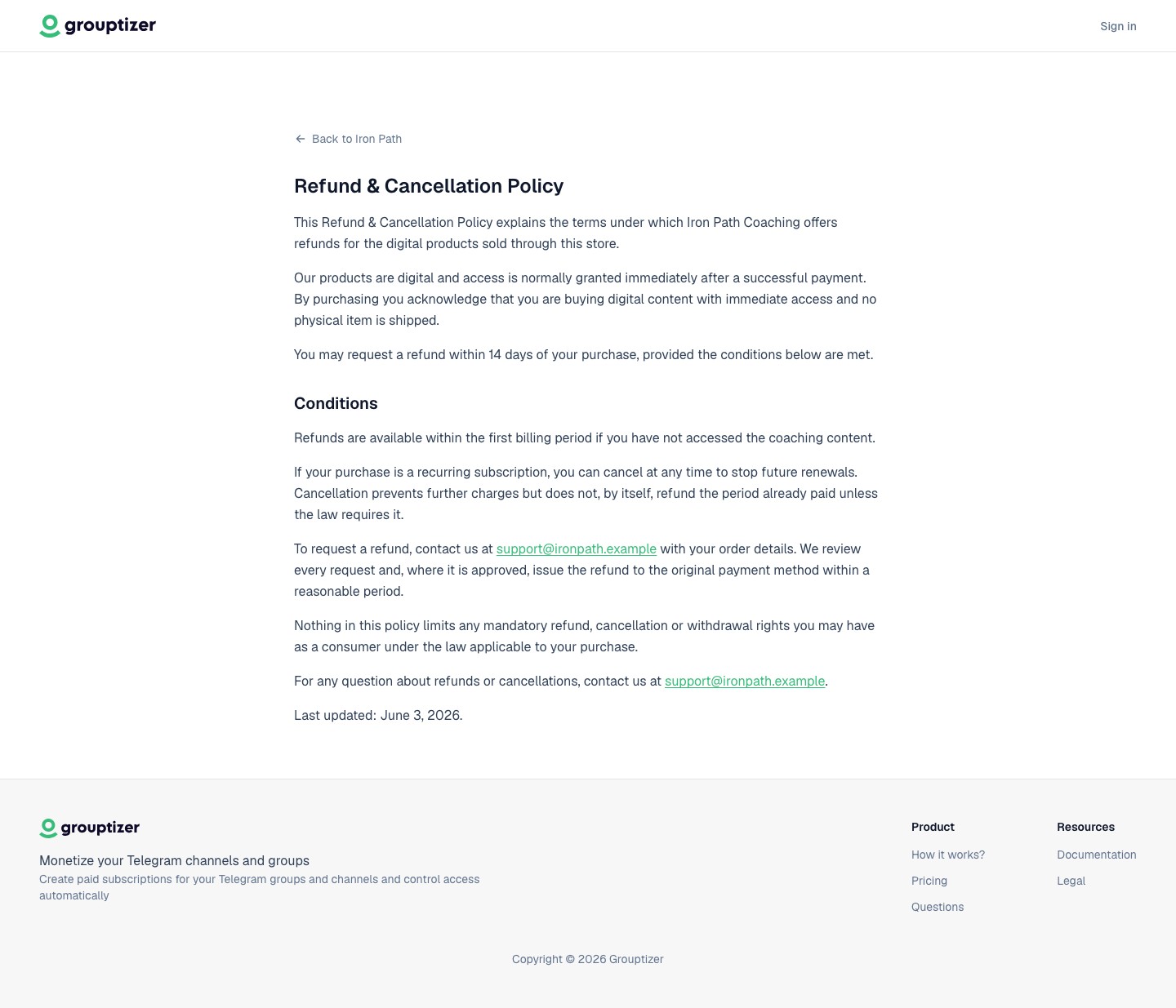 A generated refund policy page