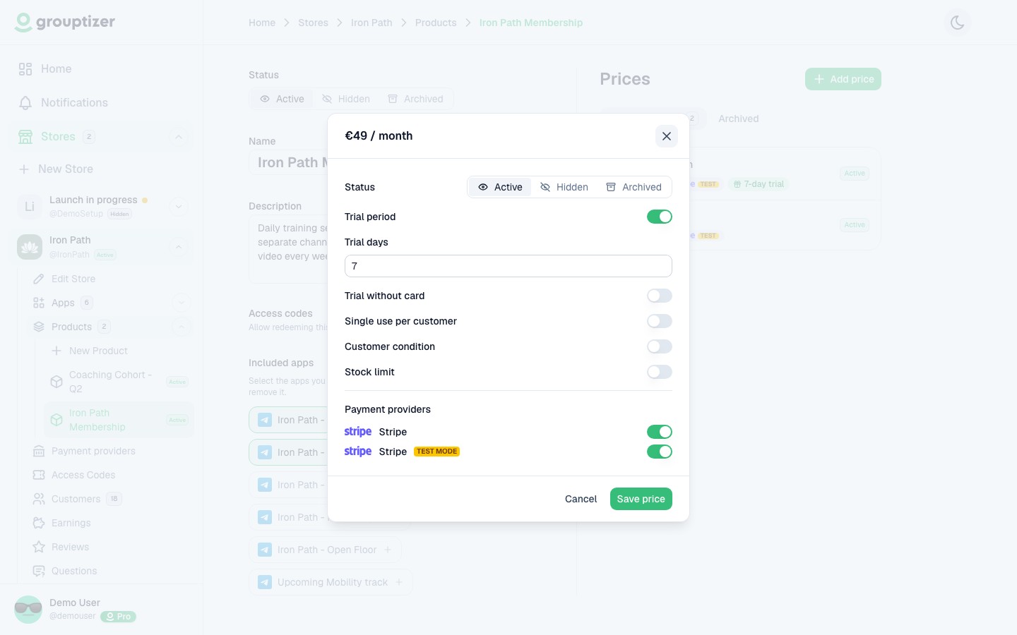 Edit price modal
