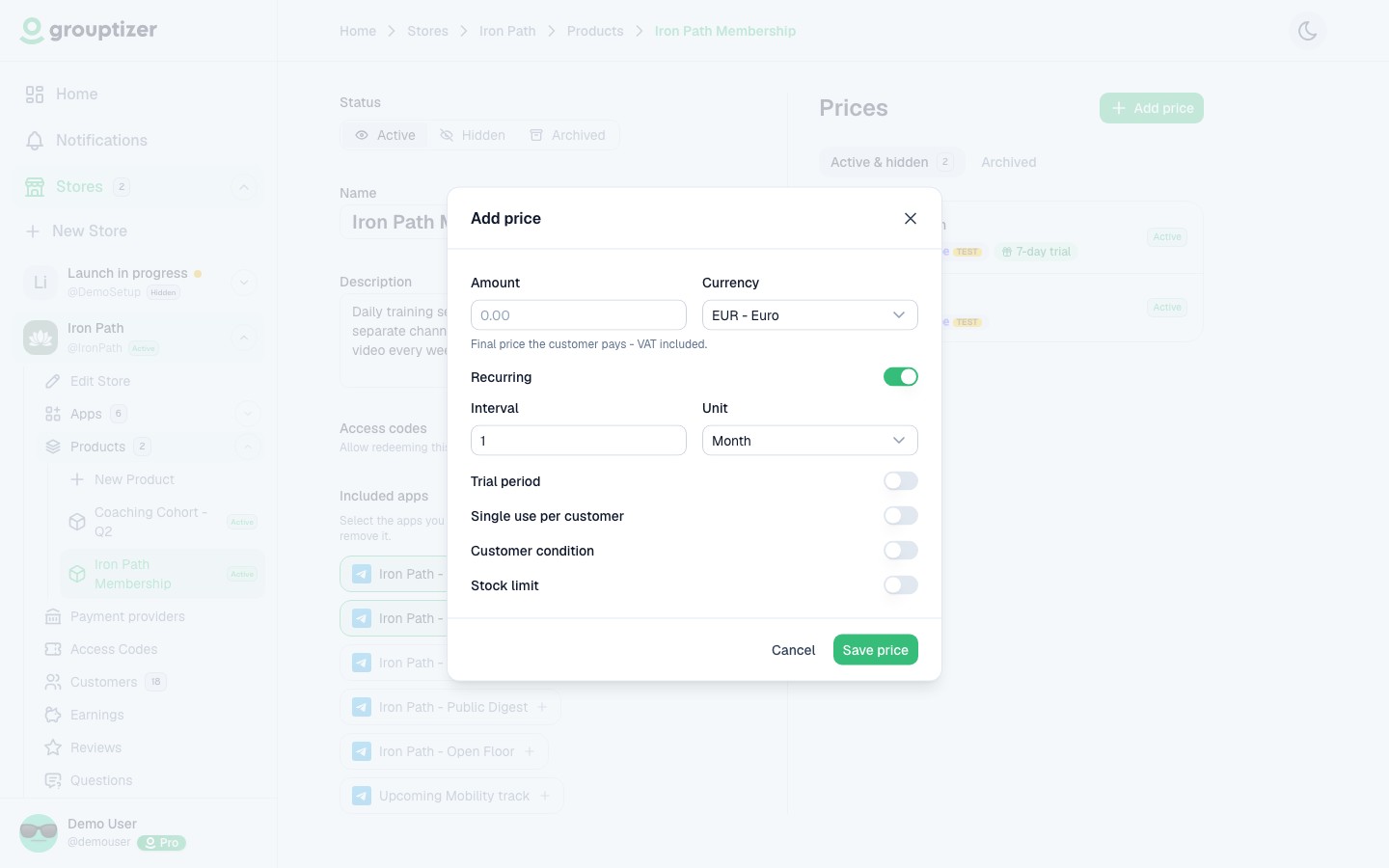 New price modal