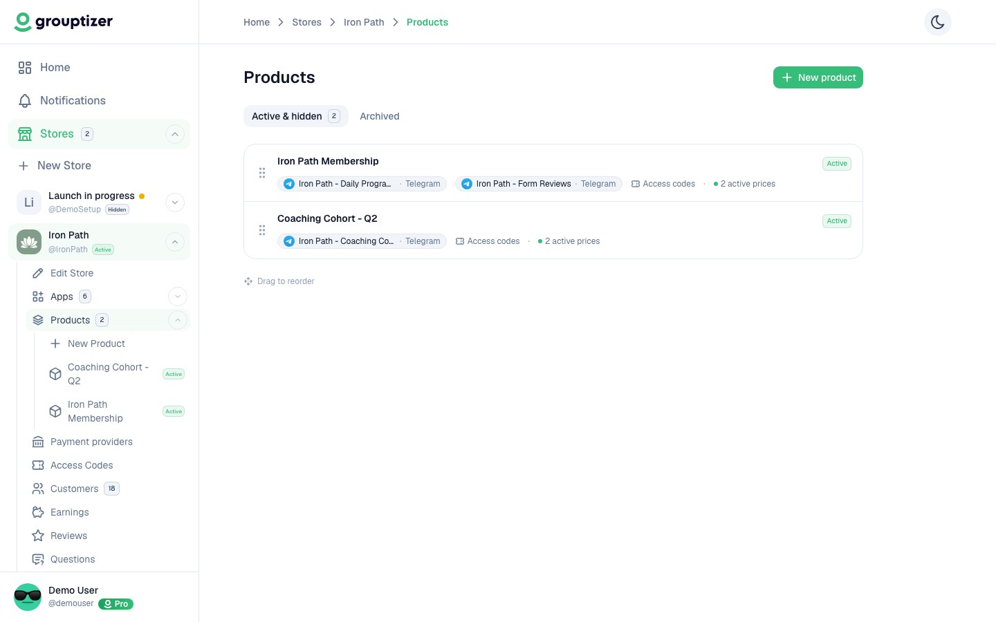 Products list with reordering
