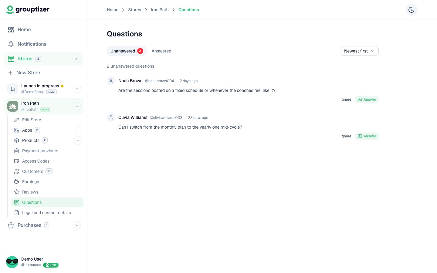 Questions screen