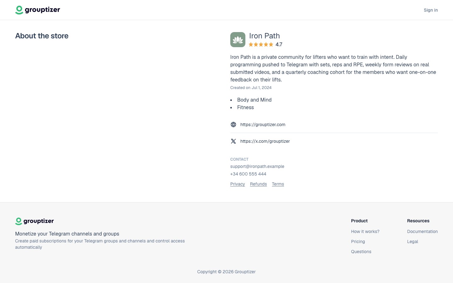 About the store section with Contact and Refunds links