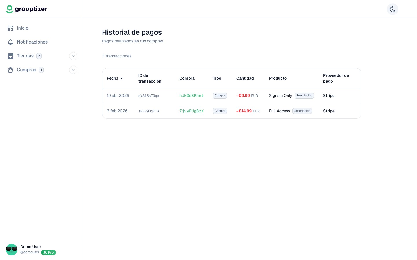 Pantalla de transacciones