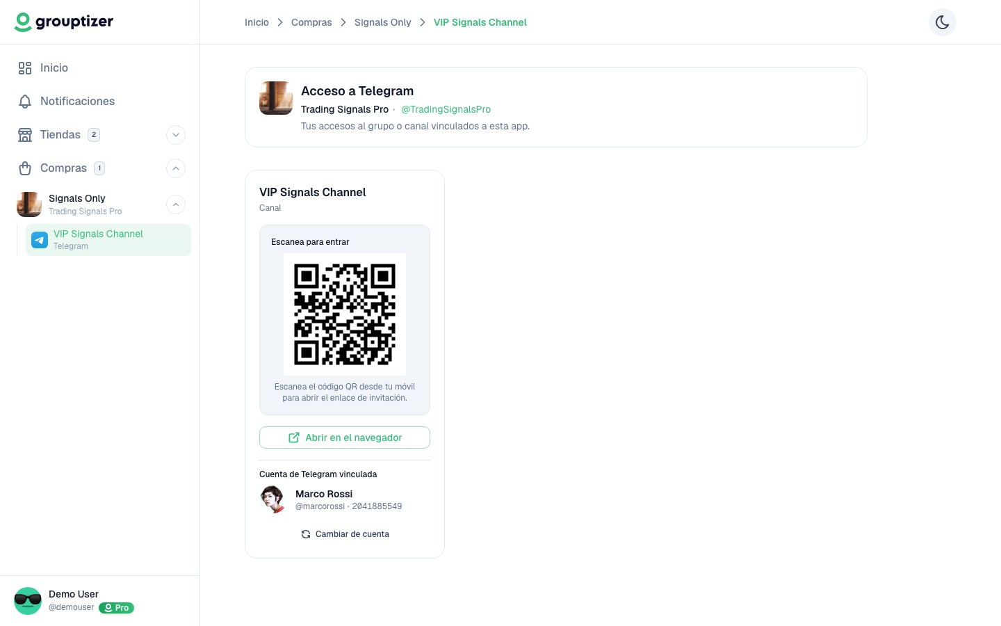 Pantalla de acceso a la app de Telegram