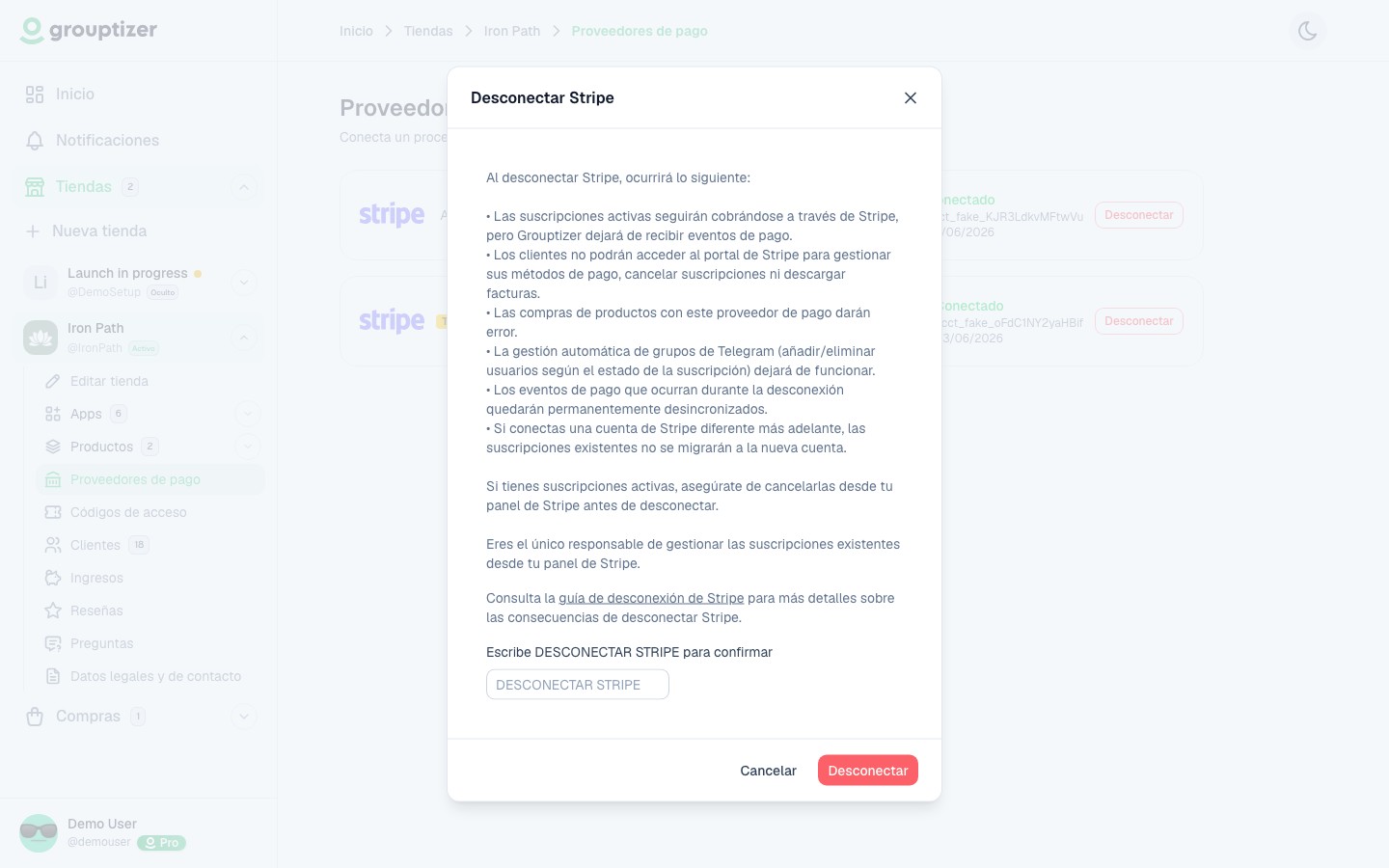 Modal de confirmación al desconectar Stripe