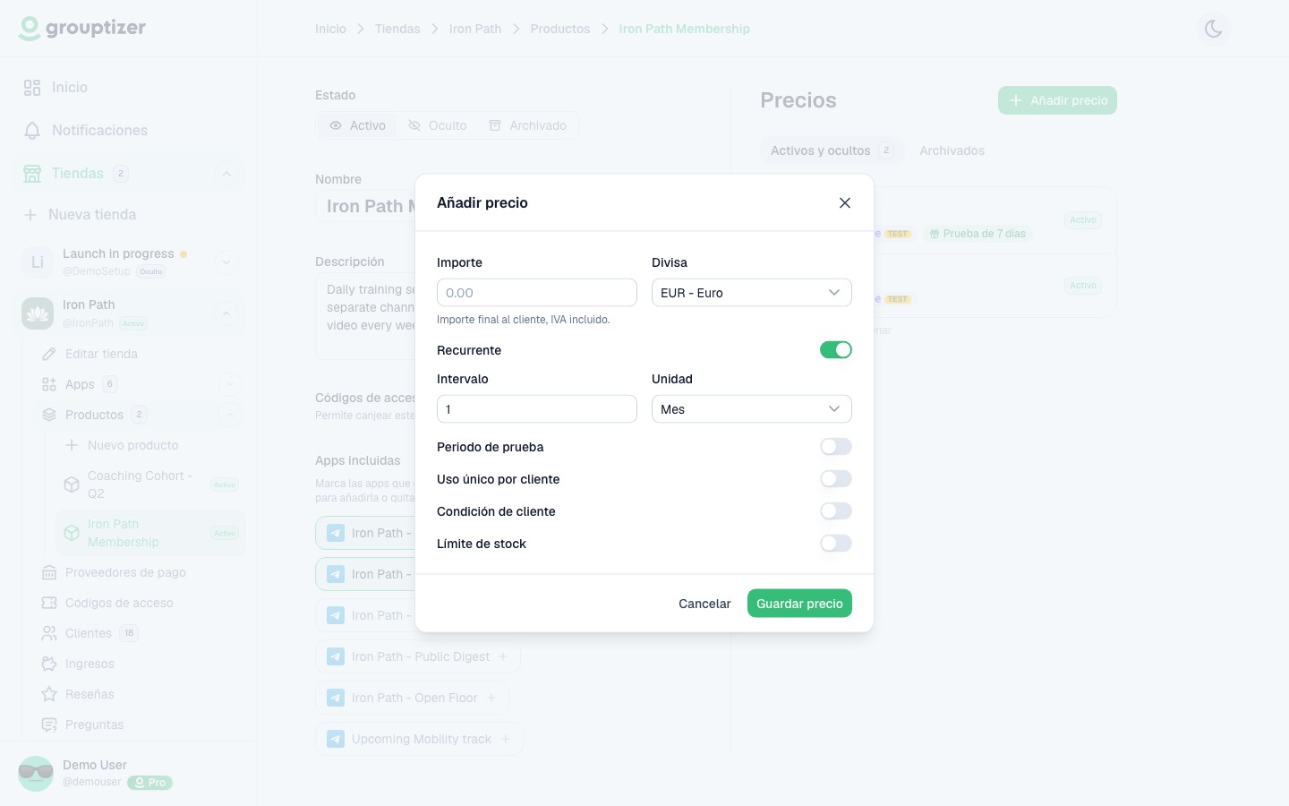 Modal de crear precio